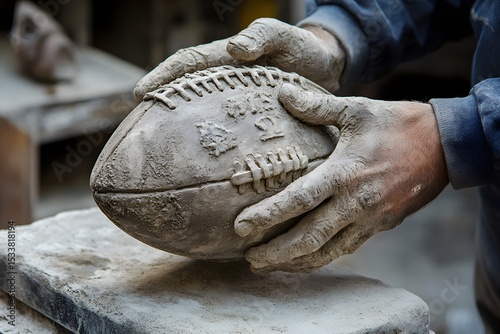 Sculptor's hands holding a clay football ready for finishing touches on the stone