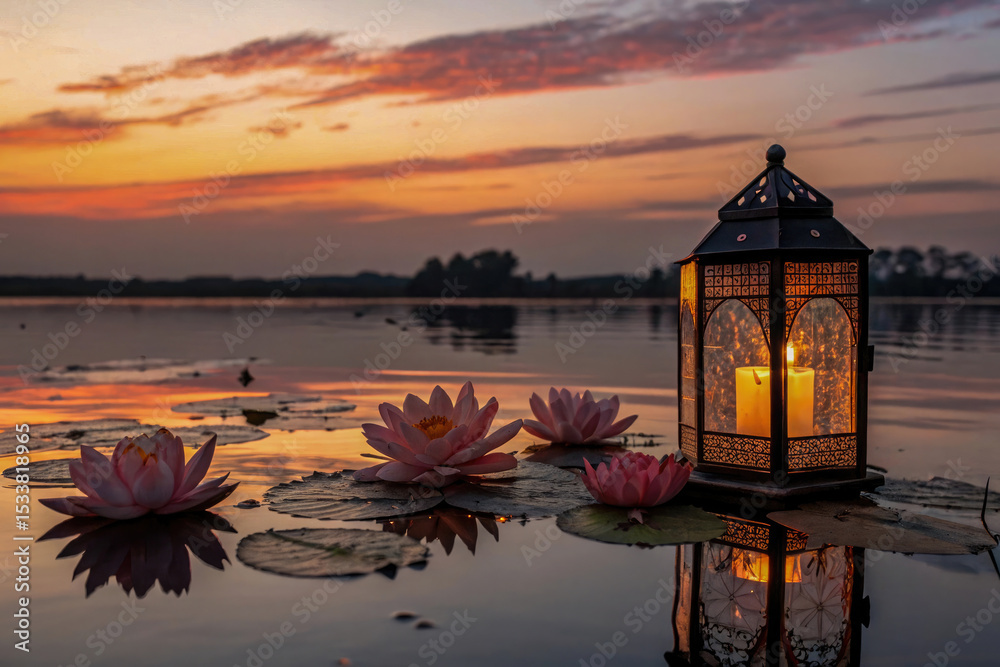 Fototapeta premium Illuminated lantern gliding over a quiet festive pond