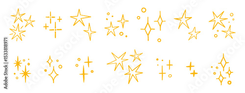 Stars drawn crayon set. Magic yellow twinkle icons, line and silhouette. Kid style. Shine, spark or light, chalk elements on white bg. Sketch glitter doodle sparkles. Vector illustration