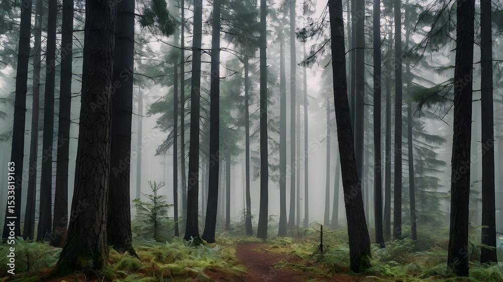 Fototapeta premium Misty Pine Forest in Morning Light