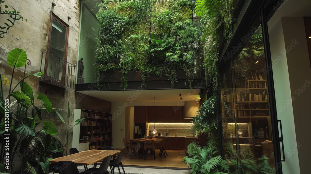 Fototapeta premium Tiny urban yard features full height green wall, showcasing lush greenery and modern design. space is inviting and serene, perfect for relaxation and gatherings