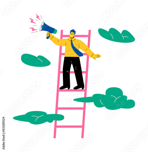 Business man stand s on ladder and speak through a loudspeaker. Flat vector illustration isolated on white background