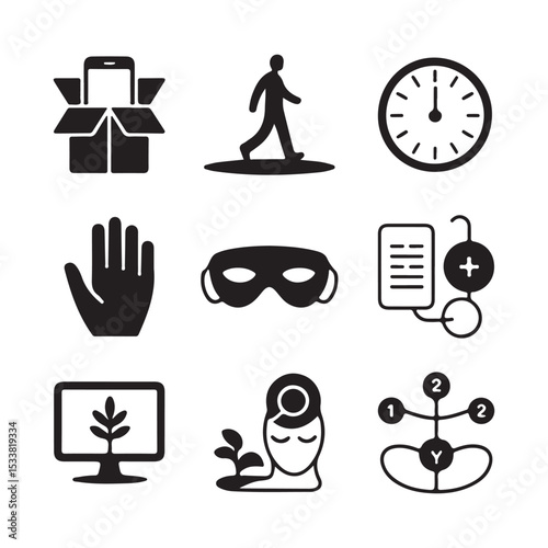 Set of Simple Black and White Icons Representing Wellness and Personal Growth, set of nine black and white icons depicts various aspects of well-being, personal growth, and technology vector art
