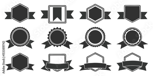 Collection of twelve black and white badge icons with different shapes and ribbon banners for decoration