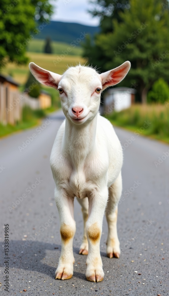 Fototapeta premium Young goat walking confidently on a rural road in the countryside 