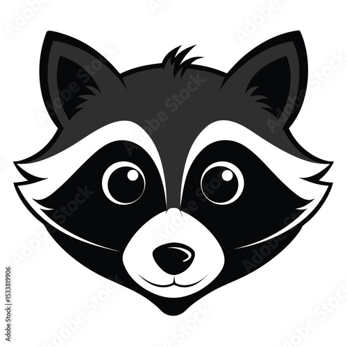 Monochromatic raccoon head looks forward with curious round eyes and simple, elegant design