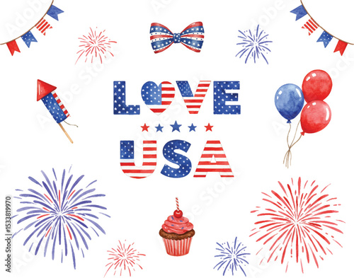 Watercolor Love USA Element with Fireworks and Decoration Celebration Illustration
