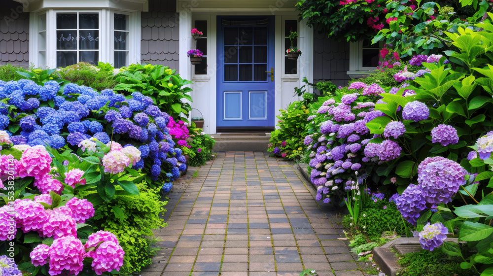 Fototapeta premium Beautiful traditional home with charming front garden filled with vibrant hydrangeas in shades of blue, pink, and purple, leading to welcoming blue door. lush greenery adds to serene atmosphere