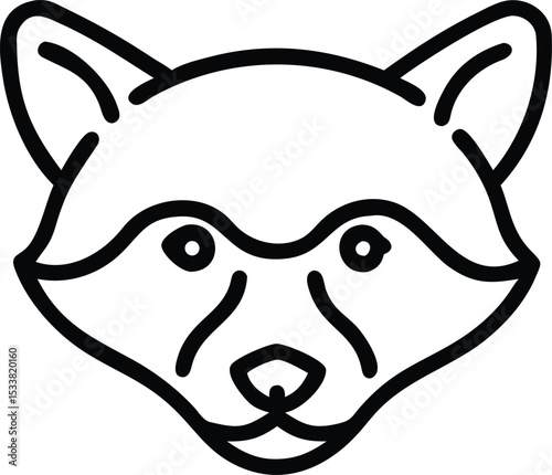 Minimalist outline presents a stylized raccoon face with geometric shapes and smooth contours