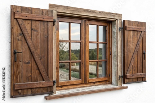 Une fenêtre en bois brun rustique avec des volets légèrement ouverts montrant plusieurs vitres idéales pour les projets de rénovation de la maison ou l'inspiration de conception on white background
