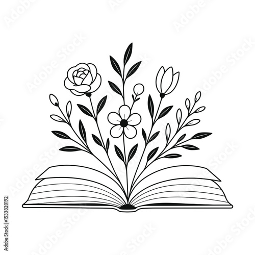 Handdrawn Open Book with Floral Bouquet Illustration Line Art Book