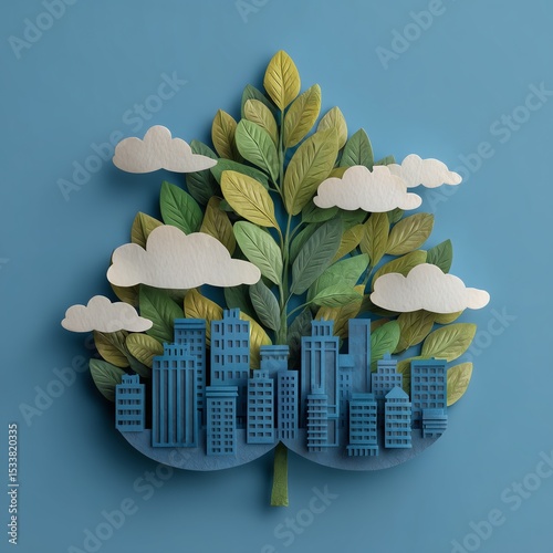 Minimal 3D paper art of recycling leaf symbol above stylized city skyline, perfect for eco-friendly and urban sustainability projects