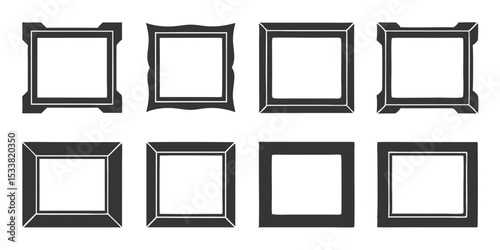 Illustration of eight decorative square frames with various designs and border styles on a white background