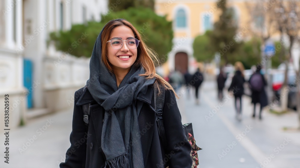 Fototapeta premium A confident student smiling while walking through a familiar foreign street, fully adapted and at ease with the culture