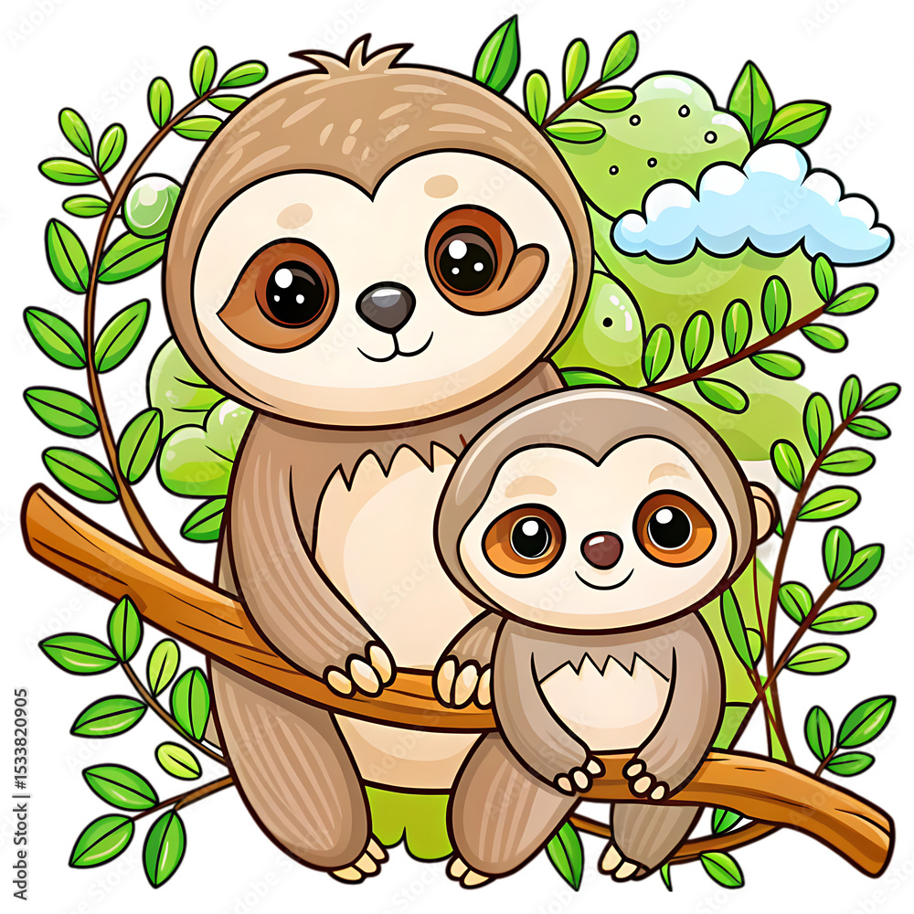 Obraz premium Mother Sloth and Baby Sloth on Branch: Cute Cartoon Illustration