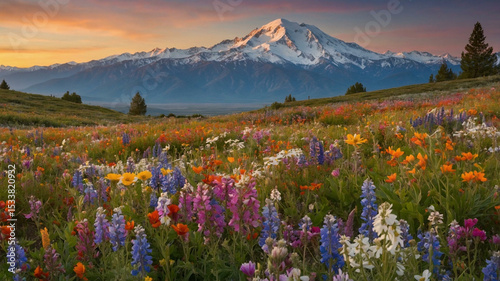 Colorful Wildflower Field with Snow-Capped Mountains at Sunset