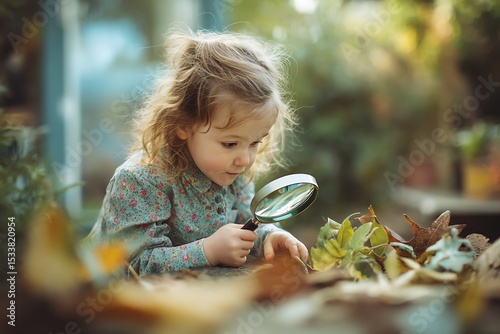 Toddler girl exploring science with a magnifying glass and leaves, hands-on learning outdoors, garden background, expression of wonder, soft natural light 