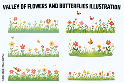 Tranquil Floral Border with Fluttering Butterflies in a Sunny Field