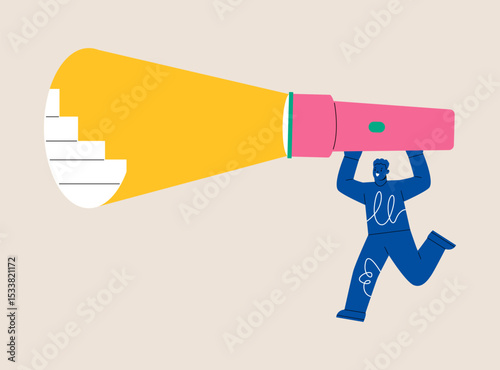 Man holding a flashlight reveal the path. Colorful vector illustration