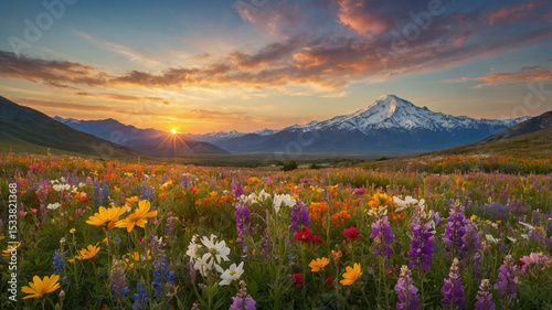 Colorful Wildflower Field with Snow-Capped Mountains at Sunset