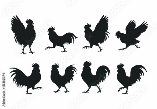 Rooster silhouette set fowl poultry farm bird