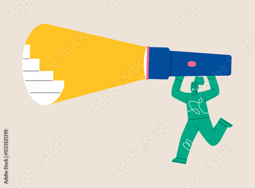 Woman holding a flashlight reveal the path. Colorful vector illustration