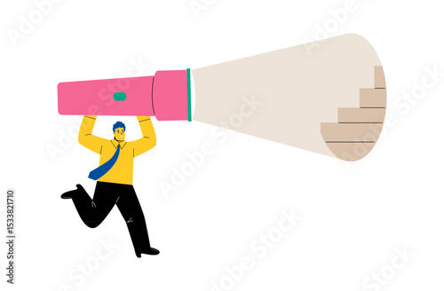 Business man holding a flashlight reveal the path. Flat vector illustration isolated on white background