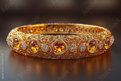A luxurious gold bracelet adorned with sparkling gemstones intricate filigree design glowing elegant and opulent jewelry