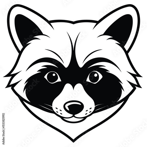 Monochrome drawing depicts a full frontal view of a raccoon's face with contrasting black and white features