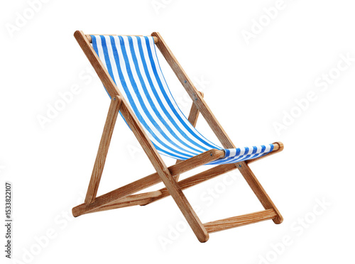 Classic wooden deck chair blue and white stripes summer relaxation, Isolated On Transparent Background photo