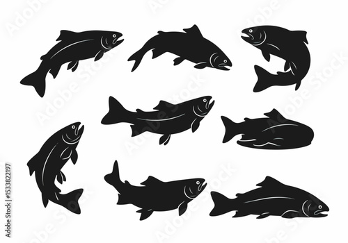 Salmon fish silhouettes set, nature icon
