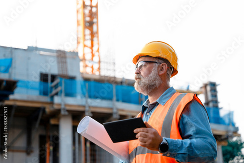 Construction supervisor directing workers and monitoring site progress at an urban building project with cranes and scaffolding
