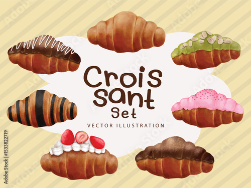 Croissant Set – Cute Bakery Pastry Vector Illustration
