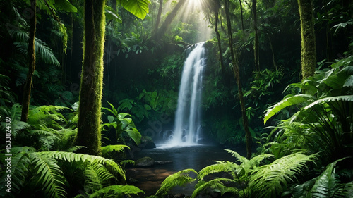 Lush Rainforest Waterfall with Sun Rays and Mist