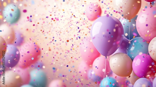 Colorful balloons and confetti fill the air, creating a festive and celebratory atmosphere.