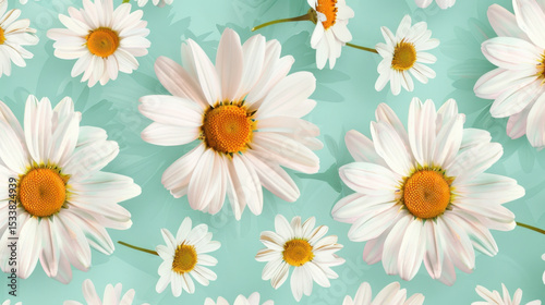 Whimsical daisy pattern in pastel green tones creates cheerful and vibrant atmosphere, perfect for adding touch of nature beauty to any design