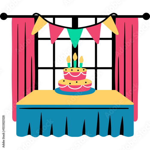 Window Cake Table Icon in Flat Vector Style, Window Display with Birthday Cake