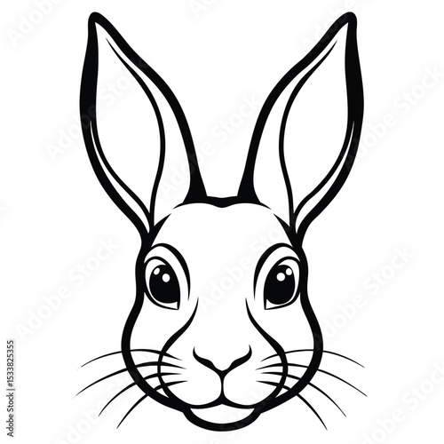 Minimalist rabbit face looks forward, featuring detailed eyes and long ears in line art