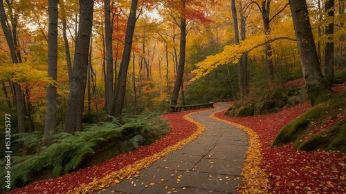 Winding Autumn Forest Path with Vibrant Fall Foliage