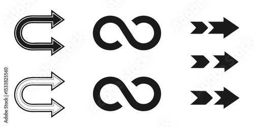 Illustration showing various types of arrows and infinity symbols arranged in rows and columns
