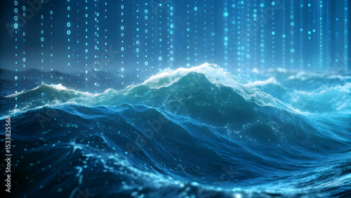 Abstract digital data rain falling on ocean waves