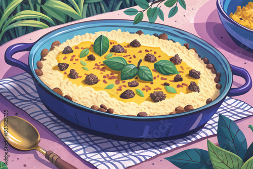 South African bobotie served with yellow rice and raisins cultural Cape Malay cuisine concept for African food and heritage dishes