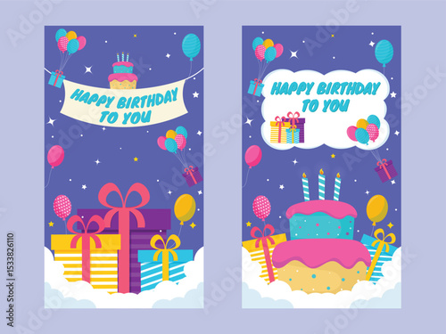 Happy Birthday cards in cartoon style. Minimalist birthday cards. Vector social media post or story template design.