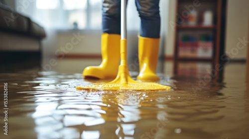 Person cleaning flooded floor with yellow mop and boots.