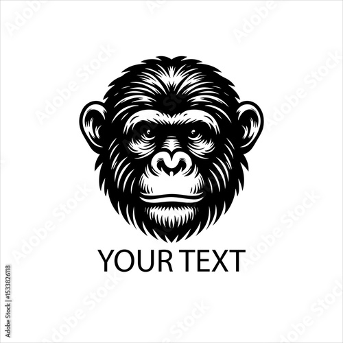 Vector logo of chimpanzee head in bold black line art, fierce and detailed style, isolated on white background