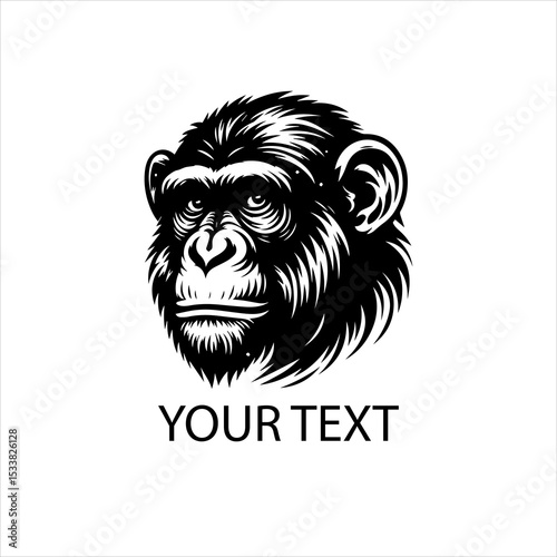 Vector logo of chimpanzee head in bold black line art, fierce and detailed style, isolated on white background