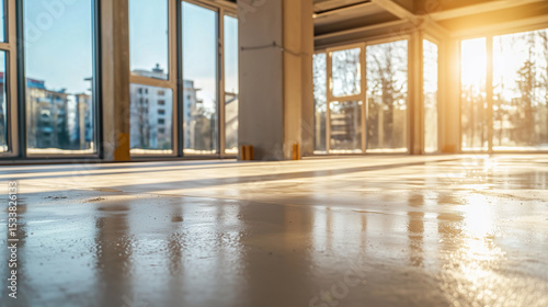 poured concrete screed in an apartment building, freshly poured concrete screed in an apartment, construction of an apartment building, generative ai