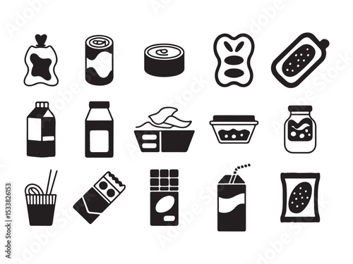 A set of black and white icons representing various food and beverage packaging vector art on white
