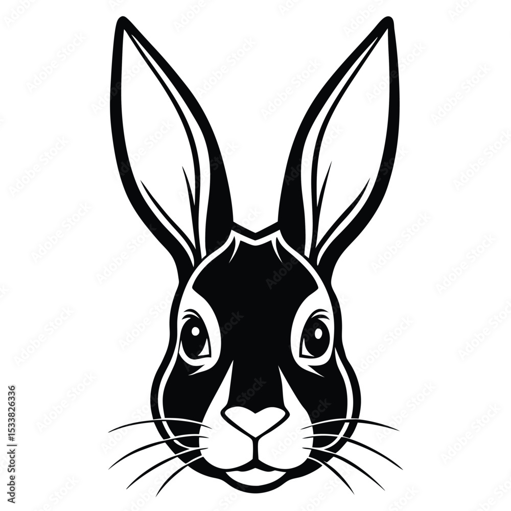 Isolated monochrome rabbit portrait with long ears and whiskers facing the viewer directly