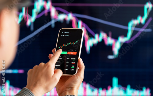 Female digital investor analyzing cryptocurrency trends on smartphone. photo